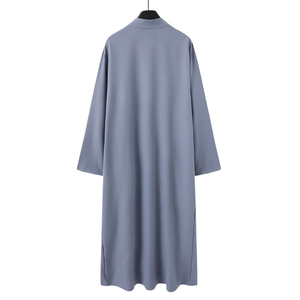 Light Blue Grey Men Islamic Thobe Long Sleeve Embroidered Neckline Arabic Kandura Dishdasha <b>Muslim</b> Jubba Traditional <b>Dress</b> - Product Image 5