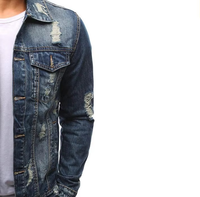Blouson en jean déchiré décontracté pour homme, col montant, logo frontal, teint uni, coupe ample, en polyester, vente en gros, personnalisable, collection printemps