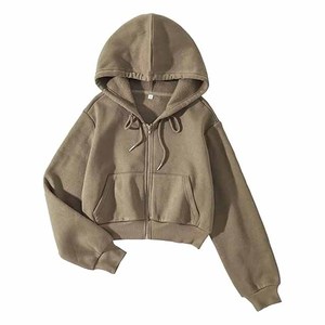 Sweat-shirt à capuche court pour femme, couleur unie, manches longues, décontracté, rose, tricoté, 100% coton, coupe classique - Product Image 6