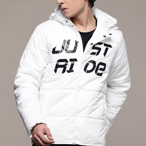 เสื้อแจ็คเก็ตพัฟเฟอร์สีขาวมีฮู้ดสำหรับผู้ชาย พิมพ์ลาย Just Ride กันลม เสื้อโค้ทฤดูหนาวทรงปกติ บุใยโพลีเอสเตอร์ สไตล์ลำลอง - Product Image 1