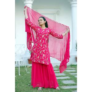 Traje Sharara de Fiesta de Chifón Rosa Oscuro 100% Poliéster de Diseño Fendi Fashion con Bordado de Lentejuelas, Elegante Atuendo de Boda - Product Image 2