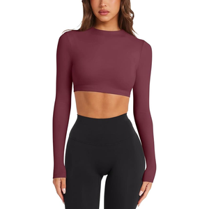 <b>Women</b> Criss Cross Neck Long Sleeve Solid Color Yoga Top With Cut-Out <b>Back</b> Hollow Out Design Activewear Shirt - Product Image 2