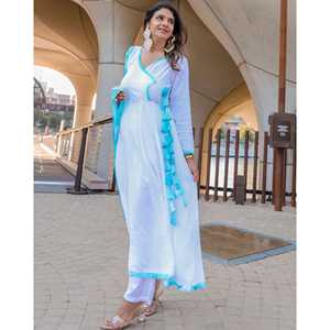 Ensemble de costume décontracté en coton blanc et bleu, tissu en mousseline, taille XS - Product Image 5