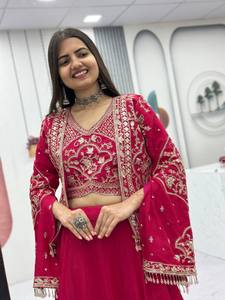<b>Red</b> Embroidered Modern <b>Lehenga</b> Choli Net Fabric Traditional Indian Wedding Party Graduation V Neck Festive Dress Set - Product Image 4