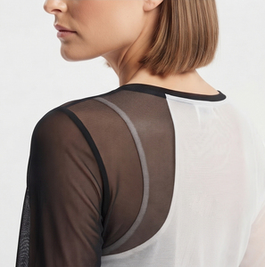 Top Corto de Malla para Mujer, Manga Larga, Cuello Redondo, Tejido Transparente, Transpirable, Color Sólido, Estilo Transparente - Product Image 4