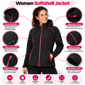 Veste Softshell Performance Femme à Marque Blanche avec Passepoil Contrastant, Capuche et Fermeture Éclair Intégrale, Coupe Ajustée, Vêtement de Sport d'Extérieur avec Poches Zippées - Product Image 6