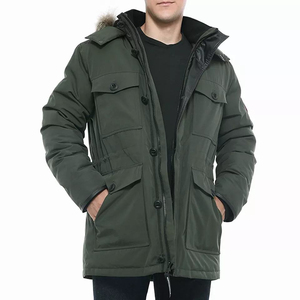 Parka à capuche pour homme, couleur unie, longueur standard, en coton respirant, fermeture éclair, vêtement d'extérieur décontracté, garniture en fourrure épaisse - Product Image 1