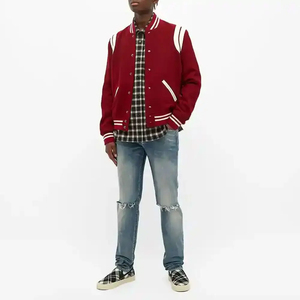 <b>Men's</b> Red <b>White</b> Varsity <b>Jacket</b> Regular Fit Button Front Turn-down Collar Plaid Shirt Style Autumn Casual Wear <b>Men</b> varsity <b>jacket</b> - Product Image 1