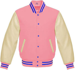 Chaqueta de Béisbol Varsity con Mangas de Cuero Genuino con Raya Azul, Lana Rosa Bebé Genuina, Tipo Souvenir, Bordado Personalizado - Product Image 5