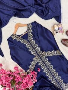 Blue Silk Kurta Palazzo Suit Embroidery Work <b>Indian</b> 3PCS Salwar Kameez <b>Top</b> Bottom Dupatta Winter Party Modest punjabi suits wome - Product Image 4