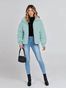 Mint Green Quilted Jacket Women <b>Stand</b> Collar Full Sleeve Zipper Closure Thick Winter Casual Solid Color Loose Fit <b>Coat</b> - Product Image 3