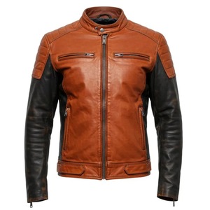 Chaqueta de Motero de Cuero Genuino para Hombre – Estilo Bicolor Marrón Óxido y Negro, Prenda Exterior Vintage Estilo Cafe Racer - Product Image 1