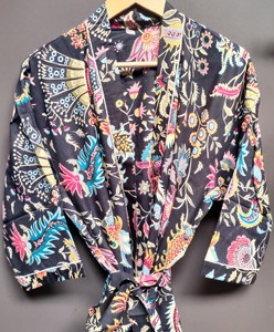 Bata Kimono con Cuello en V, Cierre de Encaje, Larga, de Manga Larga, con Estampado Floral Digital, Ecológica, Transpirable, de Secado Rápido, de Algodón - Product Image 1