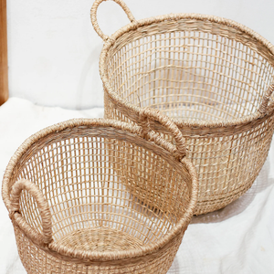 Handmade Natural Seagrass Woven Storage <b>Basket</b> Set Eco Friendly Round <b>Wicker</b> <b>Laundry</b> <b>Basket</b> with Handles for Home Organization - Product Image 3