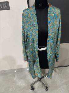 Blue Color Floral Print Kimono V Neck Long Sleeves Belted Wrap Knee Length Bohemian <b>Cardigan</b> Summer Women's Comfortable Wear - Product Image 2