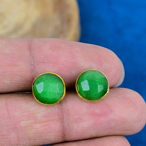 Natural Green Monalisa Quartz Round Shape Gemstone <b>Stud</b> Earring 18k Gold Micron Over 925 <b>Sterling</b> <b>Silver</b> - Product Image 1
