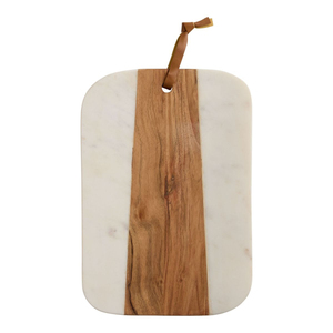Tabla de cortar hecha a mano de mármol blanco y madera de acacia, elegante bandeja de servir de doble material con asa interior. - Product Image 6
