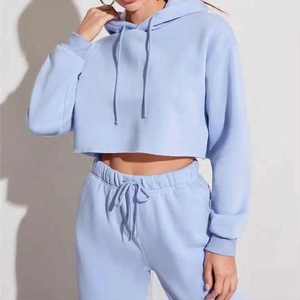 Conjunto Deportivo de Sudadera Corta con Capucha y Pantalones Jogger para Mujer, Estilo Casual, Holgado, con Cordón, Dos Piezas, Color Beige - Product Image 4