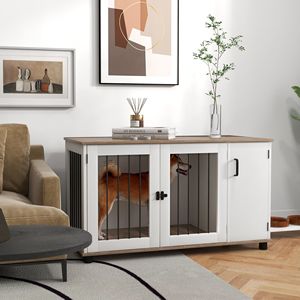 "Rectangle Walnut & White 2-in-1 Dog <b>Crate</b> Table with Double Doors & Storage for Indoor Medium & Large Dogs" - Product Image 2