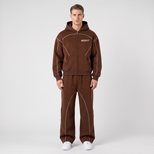 Brown Fleece Tracksuit Set Full <b>Zip</b> <b>Hooded</b> Sweatshirt & Matching Jogger Pants with Contrast Stitching - Product Image 1