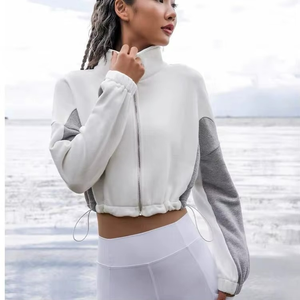 Sudadera con capucha corta con bloques de color para mujer, sudadera holgada con cremallera y cordón para uso informal al aire libre - Product Image 5