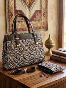 Conjunto de Bolso Tote y Bandolera Casual Bohemio de Dos Tonos con Patrón Geométrico, Cierre de Cremallera, Impermeable, Portátil, para Viaje - Product Image 2