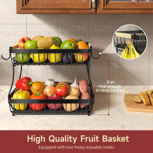 Panier à fruits en fil métallique noir à 2 niveaux avec poignées en bois et crochets latéraux pour suspendre des bananes - Product Image 6
