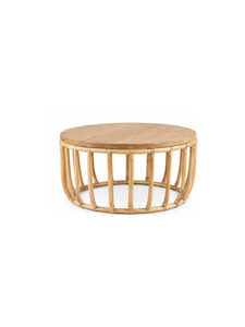 Table basse ronde moderne en rotin avec plateau en teck massif, meubles de salon faits à la main, style côtier - Product Image 5
