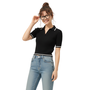 Polo côtelé élégant et décontracté pour femme, à manches courtes et bordure contrastante, coupe confortable et extensible, fournisseur d'usine - Product Image 1