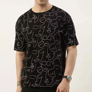T-shirt personnalisé pour homme, noir, manches courtes, col rond, avec motif abstrait blanc, coupe classique, jersey en coton tricoté décontracté - Product Image 4