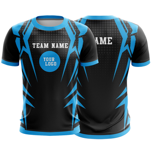 Camiseta de Fútbol Personalizada Negra y Azul con Estampado por Transferencia de Calor, 100% Poliéster, Cuello en V, Manga Corta, Transpirable, Absorbe la Humedad, Unisex - Product Image 1