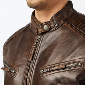 Chaqueta de Motociclista de Cuero Suave Vintage para Hombre, Chaqueta Clásica de Motociclista, Prenda Exterior Duradera con Bolsillos con Cremallera y Detalles Acanalados - Product Image 4