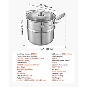 Pentola in Acciaio Inox da 2,5 Qt con Vaporiera Antiaderente Multiuso con Coperchio in Vetro Ergonomico per Uso Domestico in Cucina - Product Image 5