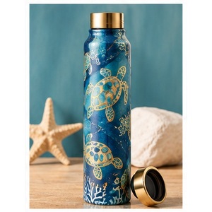 Botella de Agua de Cobre con Patrón de Tortuga Azul y Tapa Dorada, Portátil, para Viajes, Diseño Mediterráneo - Product Image 1