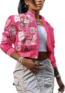 Chaqueta Varsity Rosa de Lana con Diseños de Parches, Cuello Camisero, Manga Regular, Estilo Urbano, Corte Ajustado, Cierre de Pullover, Unisex, Invierno - Product Image 4