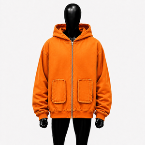 Orange Washed <b>Oversized</b> Zip Up Hoodie <b>Vintage</b> Streetwear Loose Fit Full Zipper Hooded <b>Sweatshirt</b> With Double Front Patch Pockets - Product Image 1