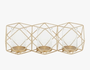 Gold Metal Geometric 3-Votive Candle Holder - Modern Triple <b>Cube</b> Candelabra with Glass Inserts for <b>Table</b> Centerpiece Home Decor - Product Image 3