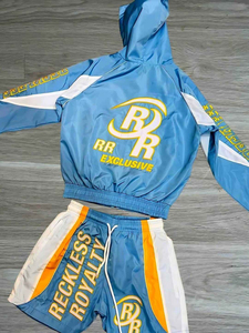 Conjunto de chándal azul con capucha para hombre, chaqueta cortavientos Reckless Royalty y pantalones cortos, conjunto de ropa urbana - Product Image 4
