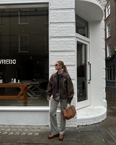 <b>Womens</b> Distressed <b>Brown</b> Vintage Sheep <b>Leather</b> Bomber <b>Jacket</b> Oversized Winter Coat - Product Image 4