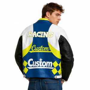 Blouson de motard en cuir pour homme, style streetwear, multi-couleurs, géométrique, avec appliques contrastées en peau d'agneau et broderies, personnalisé, OEM usine - Product Image 5