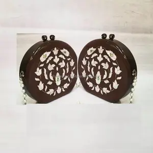 Bolso de mano de lujo con incrustaciones de nácar de madera en forma redonda para fiesta de boda