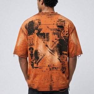 Men's Orange Oversized Printed Washed T-Shirt Street Style 100% Cotton Top Mens Custom Distressed Acid Wash Tee Shirts Men - Product Image 2
