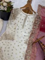 Nouvel Arrivage Salwar Kameez en Soie Pure Fendi Brodé Extensible pour Femme, avec Haut, Bas et Dupatta Ornés de Paillettes Lourdes, pour Mariage et Diwali