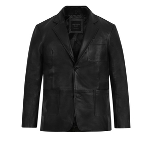 <b>Leather</b> Cult <b>Men's</b> Black Genuine <b>Leather</b> <b>Blazer</b> Single Breasted Smart Casual Jacket - Product Image 1