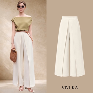Women's Cream Modern Wide Leg Open <b>Split</b> Pants Polyester Spandex Premium Tailored <b>Trousers</b> Casual Style ELOWEN - Product Image 1