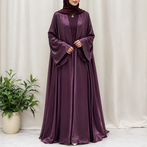 Luxury Customized Color Satin <b>Matte</b> High Neck <b>Floor</b> Length Open Front Modest Abaya Matching Inner Dress Hijab Elegant - Product Image 3