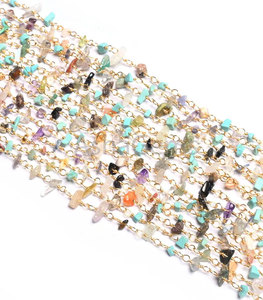 Natural Multi Gemstone Chip <b>Beaded</b> Chain Gold Wire Wrapped Handmade Boho Jewelry Supply - Product Image 3