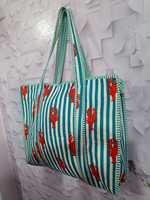Sac de plage léger à fermeture éclair en coton rayé turquoise avec imprimé homard côtier et motif nautique Hak Interprises