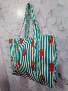 Coastal Lobster Print Quilted Zipper Lightweight Turquoise Striped Cotton <b>Beach</b> Nautical Pattern Shoulder Tote <b>Bag</b> Handcrafted - Product Image 6
