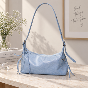 Sac à bandoulière bleu clair en similicuir PU, sac à main sous le bras grande capacité, souple, tendance, simple, brodé, pour le quotidien - Product Image 1